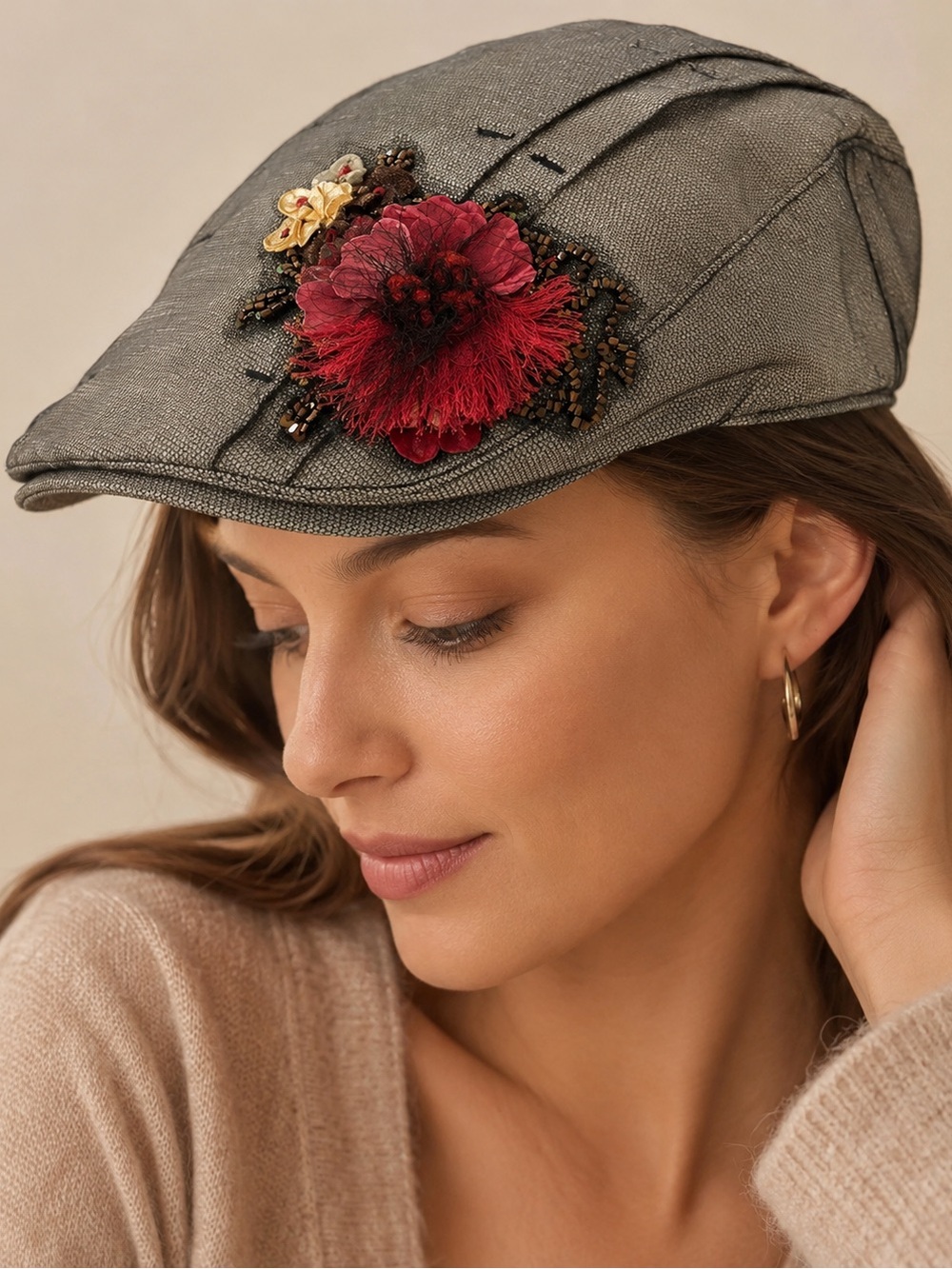 Grace Hats Women's Embellished Newsboy Cap with Red Flower